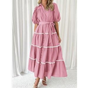 Wholesale Custom OEM High Quality Womens Midi <b>Dress</b> Bubble Sleeve Lace Layered Pleated Short Sleeve Natural Waist Shirt <b>Dress</b> - Product Image 3