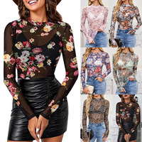 Kaos Wanita Cantik Model Turtleneck Lengan Panjang Berenda Bunga Transparan Slim Fit Atasan Dalaman