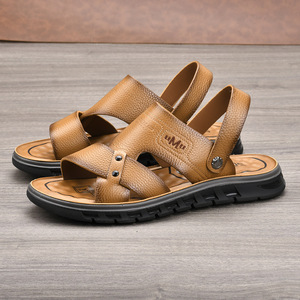 Sandales en cuir véritable à brides croisées pour hommes, bout ouvert, semelle extérieure en caoutchouc, respirantes, chaussures décontractées d'été - Product Image 1