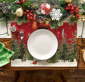 Lino Muñeco de nieve Cardenales Árbol de Navidad Manteles individuales para cocina Mesa de comedor Mesa de centro Hogar o fiesta - Product Image 5