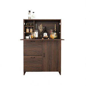 Mueble Bar de Madera Contrachapada de Nogal para Espacios Pequeños/Hogar/Dormitorio con Cajón de Almacenamiento y Estantes, Escritorio Plegable - Product Image 1
