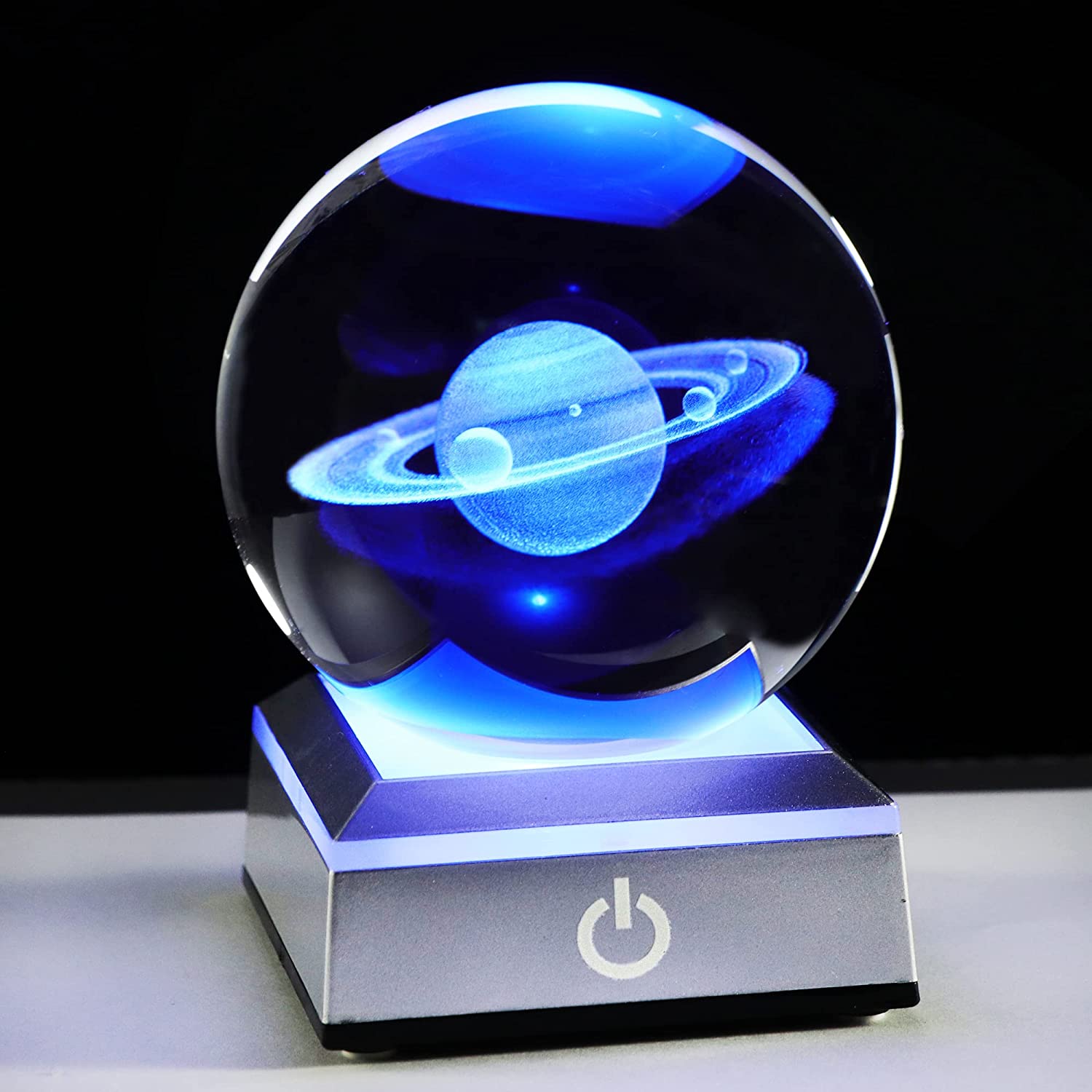 Sistema solar de vidro saturno 80mm 3d, esfera de vidro planeta k9 3d, bola de gravação de cristal com base de prata led para presentes de aniversário