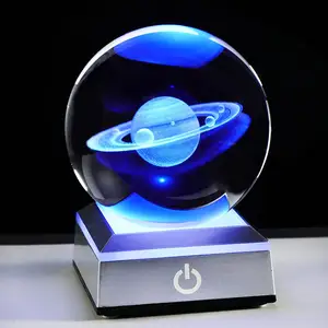 Sistema solar de vidro saturno 80mm 3d, esfera de vidro planeta k9 3d, bola de gravação de cristal com base de prata led para presentes de aniversário