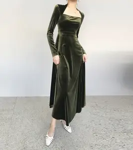 Aschulman ElegantVintage Style Long Sleeves Cloth Evening Gown Velvet Dresses Midi Dress