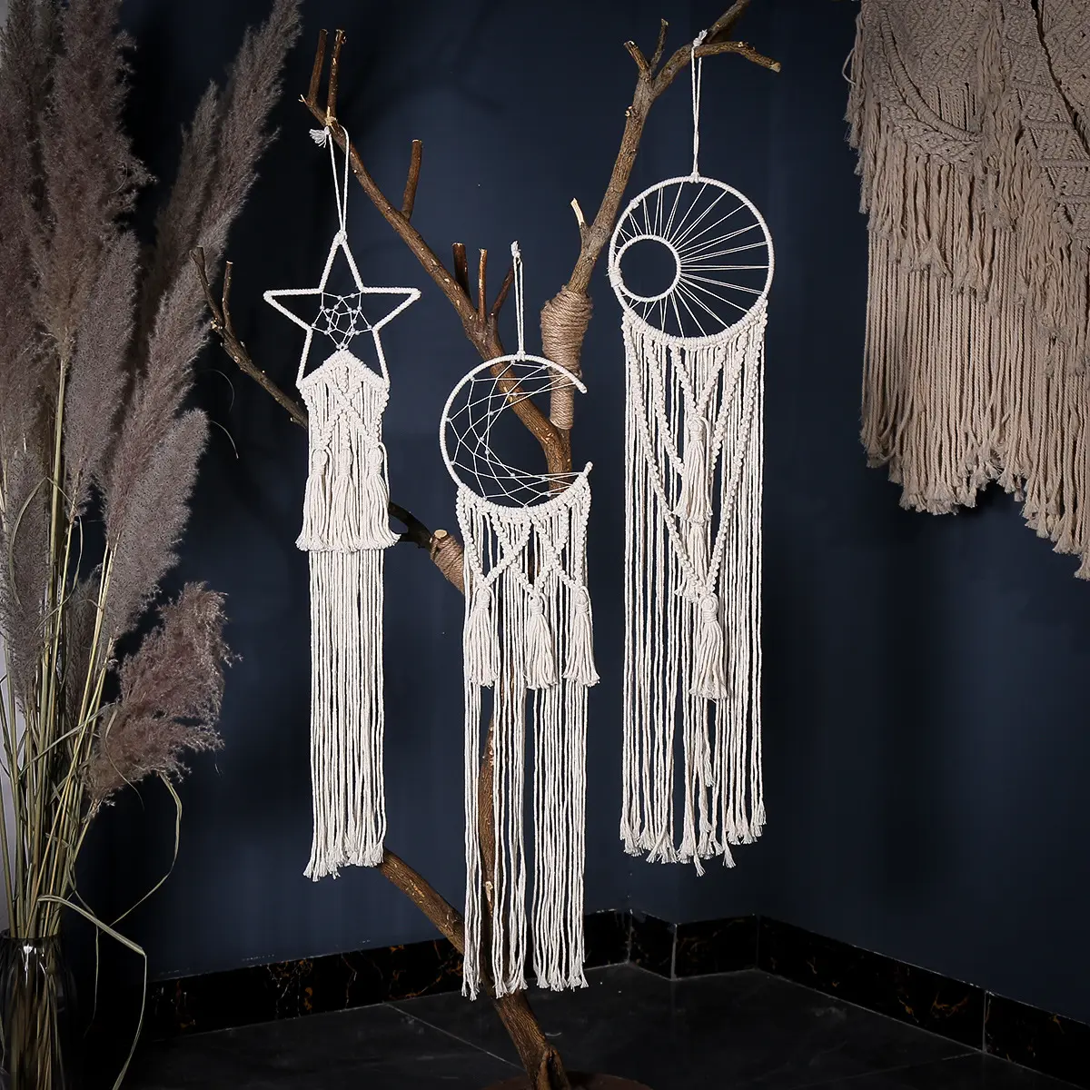 Hersteller Makramee Wand dekoration Hand gewebte Tapisserie Sun Moon Star Cotton Tope Traum fänger Wandbehang