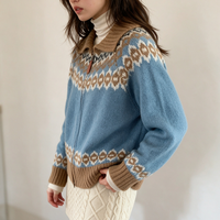 Cardigan en tricot jacquard Fair Isle bleu et marron pour femme, col zippé, manches longues, pour l'automne et l'hiver, commandes personnalisées acceptées