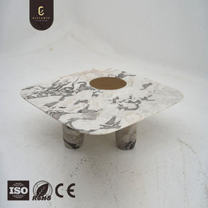 Meja Kopi Marmer Alami Mewah Kelas Atas Gaya Mewah untuk Kondominium Modern Elegan Putih Persegi Rendah dengan Kaki Kuningan - Product Image 4