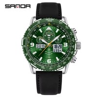 Montre à quartz pour homme avec double affichage, boîtier en acier, lunette verte, tachymètre, date, semaine, bracelet sport