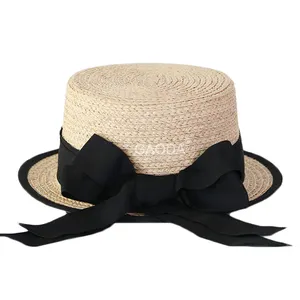 D Venta al por mayor elegante simple rafia paja trenza sombrero con parte superior plana y ala Boater sombrero para las mujeres