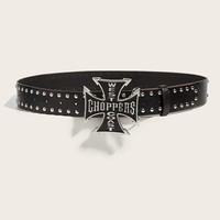 Ceinture en cuir cloutée style punk rock vintage pour femme, avec boucle croisée, ceinture statement pour un style urbain audacieux