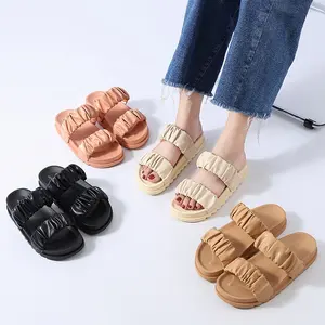 Customized Shoes Women Wedge Sandals Two Strap Wrinkle Popular Thick Bottom Slippers Wholesale PVC Sandals