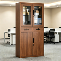 Armoire de rangement de bureau verrouillable en acier imitation bois avec porte vitrée et tiroirs pour documents et livres, idéale pour l'ingénierie