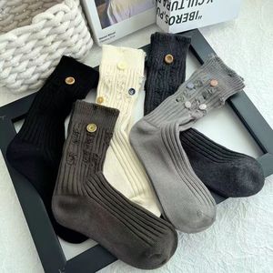 Women's Mid-Calf Socks Cotton Breathable Solid Color <b>Button</b> Detail Casual Style - Product Image 2