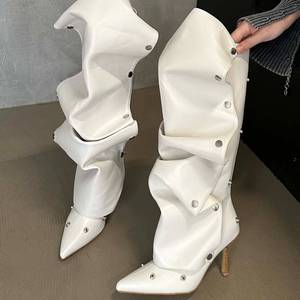 Removable Buttons Decorated Fashion Botas Para Mujer Thin Heel Knee High Denim <b>Boots</b> for Women Shoes - Product Image 5