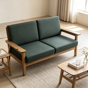 Sofá de Dos Plazas con Estructura de Madera de Nogal Oscuro Premium, Sofá Compacto de Tela Verde Oscuro de Estilo Minimalista Japonés - Product Image 3