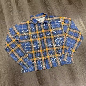 Camicie Streetwear Personalizzate in Flanella di Cotone Pesante, Blu e Giallo a Quadri Tartan con Strass, Vestibilità Ampia, Maniche Lunghe con Bottoni - Product Image 1