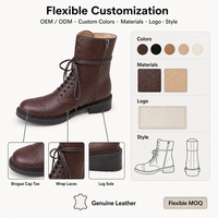 Bottes de combat en cuir véritable pour femmes, avec détails brogues, lacets, fermeture éclair latérale, talon bloc, style rétro, mi-mollet, chaussures automne/hiver