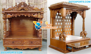 Templo Casero Artesanal Estilo Mayur, Madera de Teca Marrón, Estilo Pavo Real, Pooja Ghar, Templo Indio/Mandir de Madera de Teca para el Hogar, EE. UU. - Product Image 6