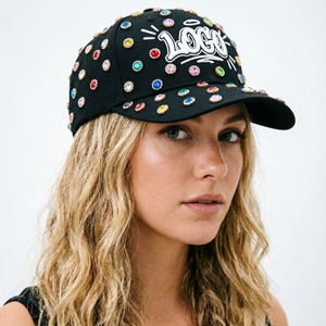 Custom Adjustable Twill <b>Vintage</b> Baseball <b>Cap</b> with Rhinestone Crystals Mixed Colors Full Sparkle Gem Bling - Product Image 3