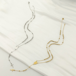 Collana da Donna di Lusso Leggero con Croce e <span class=keywords><strong>Rosario</strong></span> in Acciaio Inossidabile Stile Europeo Americano, con Perline Religiose Cristiane - Product Image 2