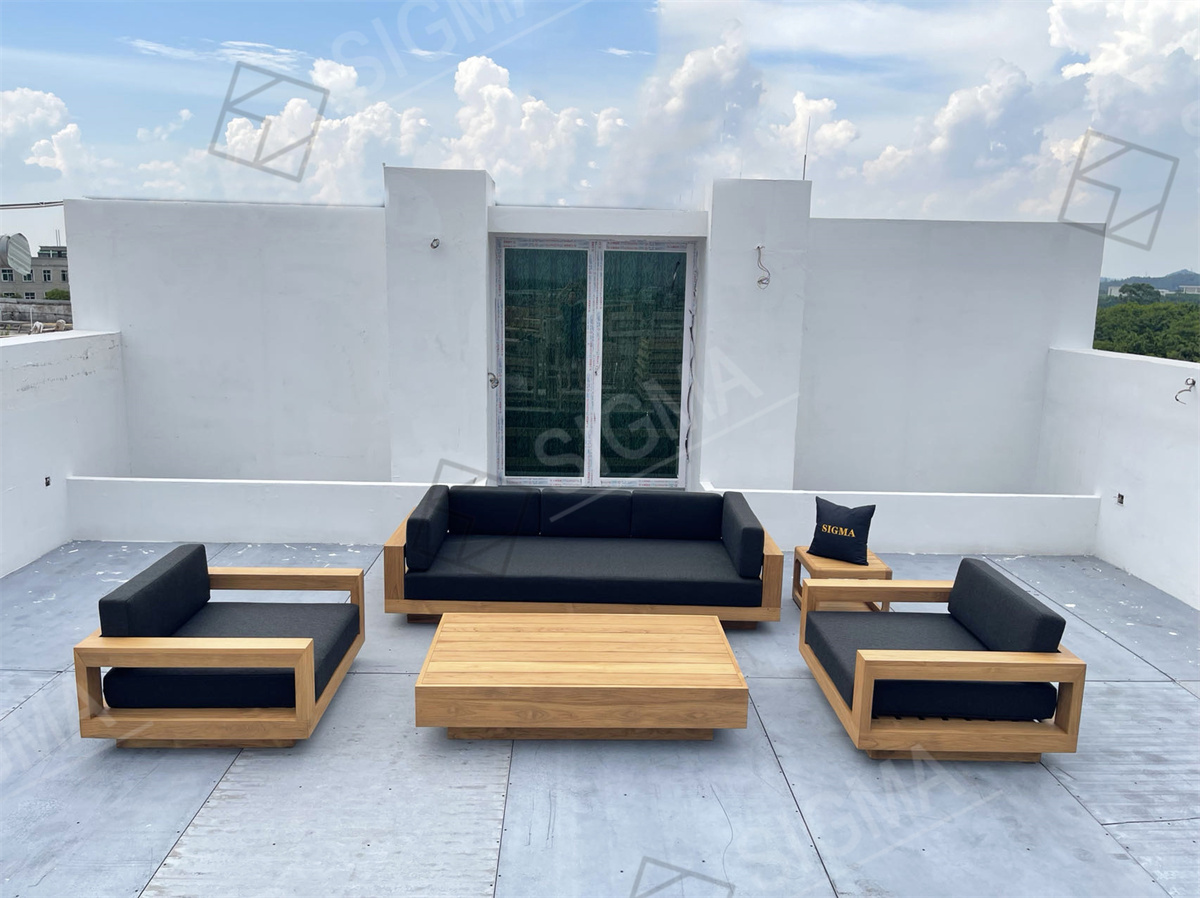 Custom All Weather Luxury Factory Patio Furniture Pool Garden Wood Outdoor All Weather Fabric Teak Wooden Sofa