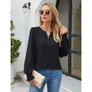 Chemisier en mousseline pour femme à manches longues bouffantes, boutonné, col en V, décontracté, pour le travail, tenues d'automne 2026 - Product Image 4