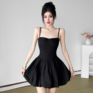 Women's Black Lace Trim <b>Spaghetti</b> <b>Strap</b> sweet Mini Dress, Bow Detail Corset Waist A-line Bubble Skirt - Product Image 4