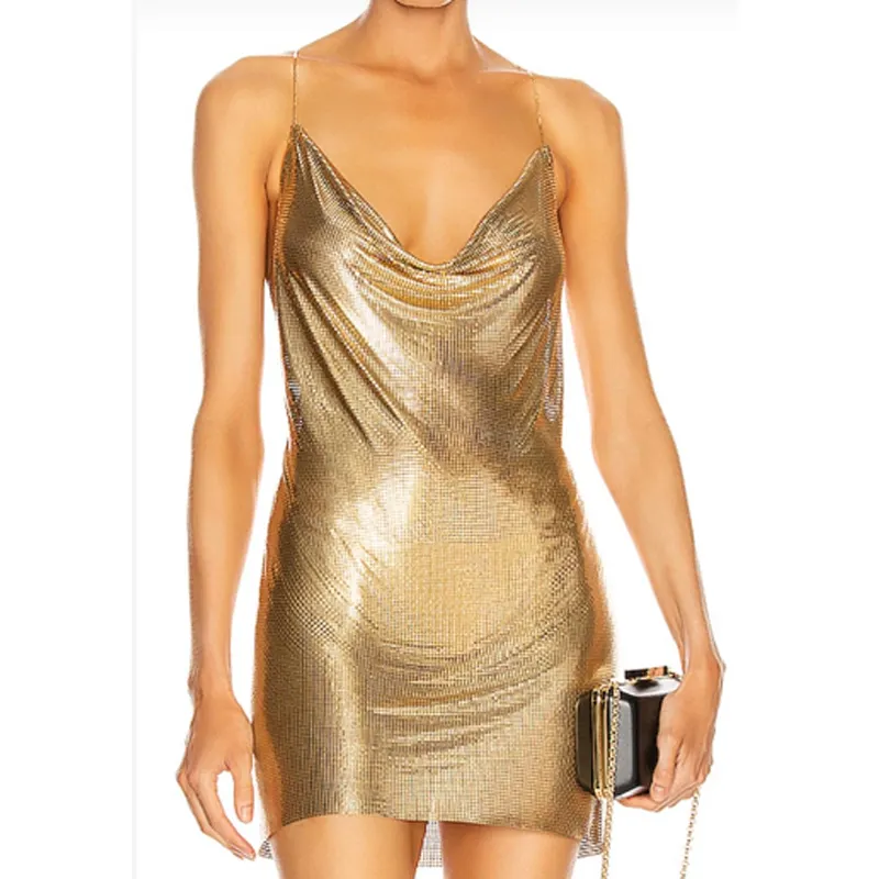 2020ゴールドチェーンサスペンダーパーティーメタルメッシュドレス