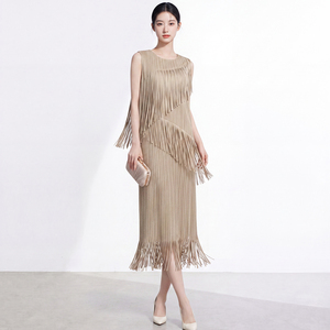 Fashion Women's Eco-Friendly Pleated Tassel Solid Ruched Natural Waist Short Sleeve Asymmetric Elegant Casual Vintage Midi <b>Dress</b> - Product Image 1