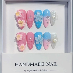 TSZS 10 Uds. <span class=keywords><strong>Uñas</strong></span> Postizas Acrílicas Reutilizables con Diseño 3D <span class=keywords><strong>de</strong></span> Concha Azul Oceánica y Flor, Hechas a Mano, Forma Almendrada, para Venta al por Mayor - Product Image 1