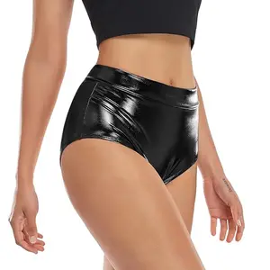 Short de danse taille moyenne métallisé noir pour femme Bikini taille moyenne Vêtements de plage pour adultes