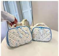 Trousse de Maquillage Matelassée en Polyester à Motif Floral et Fruité Kawaii, Portable, avec Double Fermeture Éclair et Rubans, Grande Capacité pour Voyage