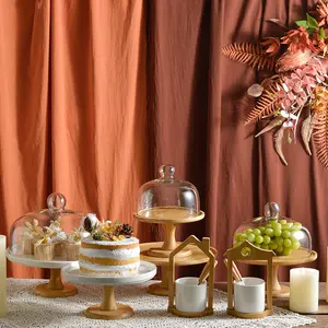Dekoratif bambu kek standı kaide ile yuvarlak kek standı için cam kapaklı doğum günü partisi düğün dekorasyon centerpieces