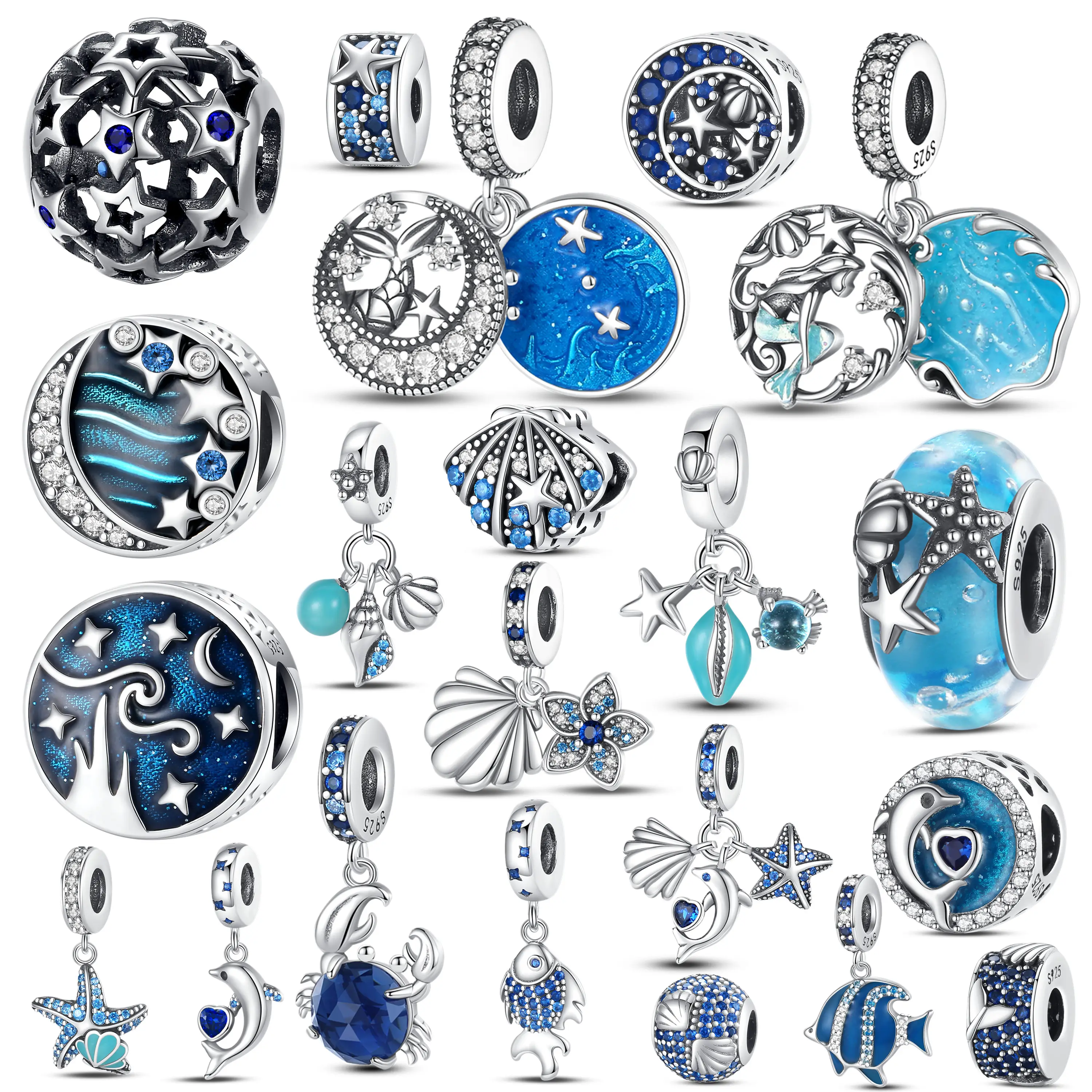 925 Sterling Silber Ocean Style Fisch Delphin Meerjungfrau Muschel Perlen Blau CZ Anhänger Charms Fit Original Pan Armband DIY Schmuck