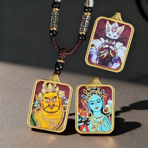 Colgante Thangka del Buda Guardián del Zodiaco - Tara Verde Zhaxi Lamu Jambhala Amarillo con Incrustaciones <span class=keywords><strong>de</strong></span> Cinabrio y Oro - Product Image 1