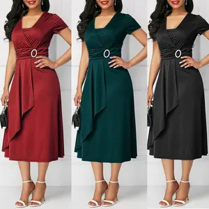 Plus Size Maxi Elegante Vrouwen Carrière Jurken Korte Mouw Asymmetrische Zoom Taille Strakke Midi Feestjurk Dames Avond Vestidos