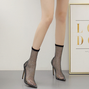 Summer Mesh Sandals <b>Boots</b> Black Mesh Sexy Open Toe Women's Shoes Rhinestone Stiletto High Heels - Product Image 3