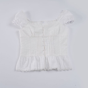 Sweet Girly Style Lace Trim Breathable Summer Button <b>Down</b> Blouse for Women Slim Fit Waist Belted Plain Top Casual Wear - Product Image 2