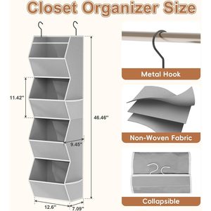 Hanging Closet Organizer 4 <b>Shelf</b> Foldable Fabric Storage For Bedroom Clothes With Mesh Pockets <b>Hook</b> Type 33x15x85cm - Product Image 3