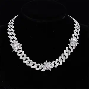 15MM Prong Cuban Chain Zinc Alloy Link Chain Iced Out Crystal Rhinestone rose cuban chain Necklace Hip Hop Jewelry