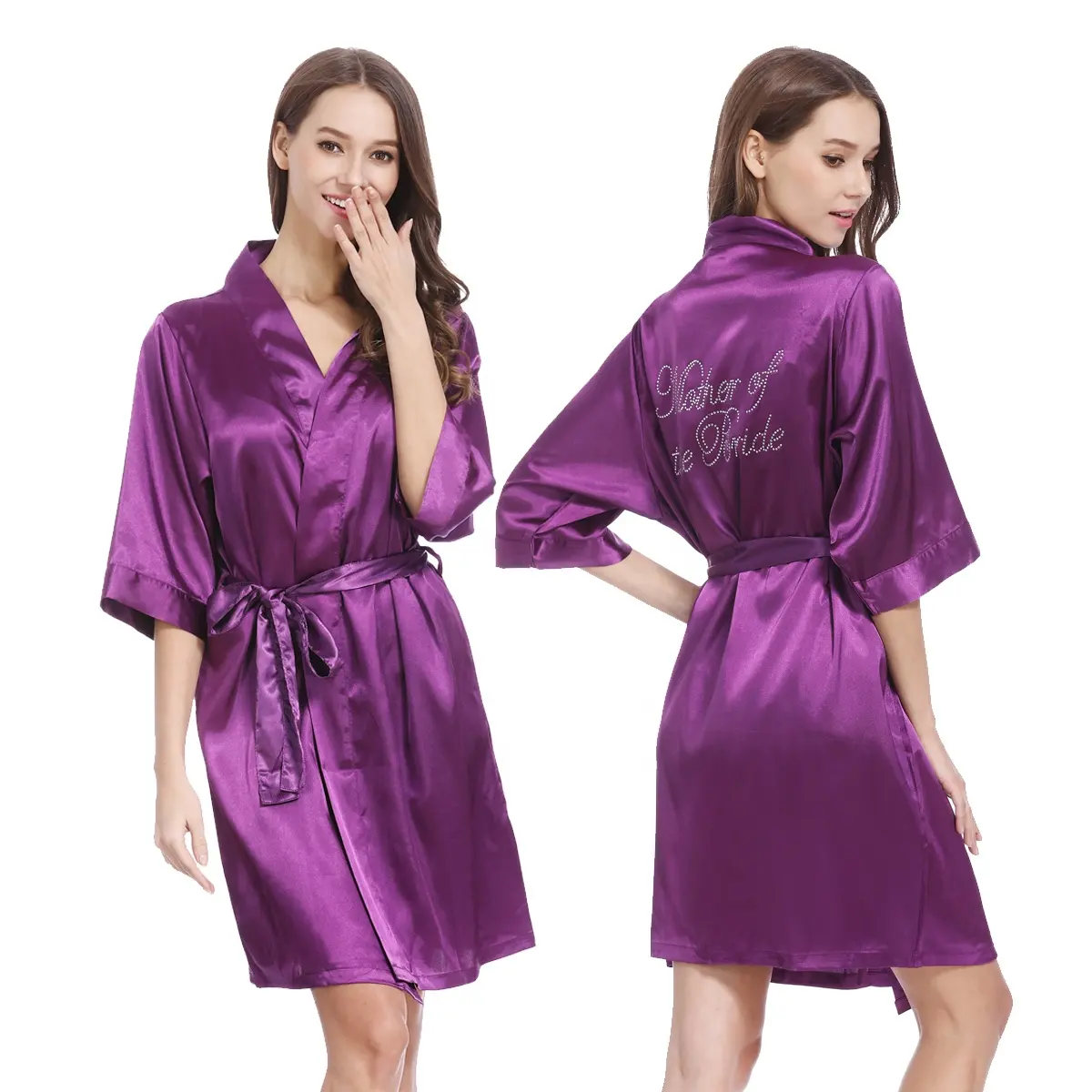 OEM 136 Colors Silk Satin Kimono Robes  Women Bride Bridesmaid Wedding Bridal Shower Bathrobes Custom