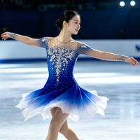Robe de patinage artistique dégradé bleu et blanc, manches longues en maille, dos ouvert, ornée de strass, jupe asymétrique pour la compétition