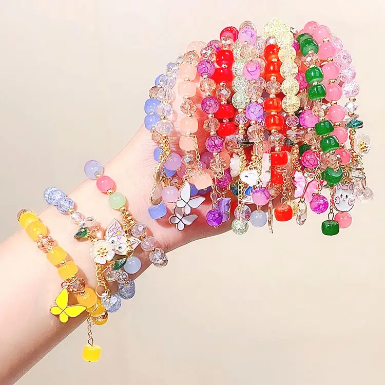 SC-Pulseras de cuentas de cristal coloridas para niñas, brazaletes con abalorios de dibujos animados de princesa, mariposa, conejo y gato, venta al por mayor