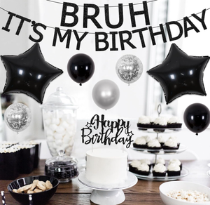 Kit Completo per Festa di Compleanno Nera: Striscione 'B RUH It's MY Birthday', Ghirlanda di Palloncini in Foil, Palloncini Confetti, Cake Topper, Tenda in Lamina e Accessori - Product Image 4