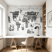 Papel Tapiz Mural con Diseño de Mapa Mundial y Lugares Emblemáticos, Impresión Digital, Fondo de Ladrillo Blanco, Papel Tapiz para Decoración de Oficinas, Viajes y Hostales
