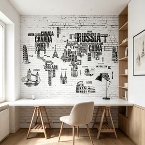 Papel Tapiz Mural con Diseño de Mapa Mundial y Lugares Emblemáticos, Impresión Digital, Fondo de Ladrillo <span class=keywords><strong>Blanco</strong></span>, Papel Tapiz para Decoración de Oficinas, Viajes y Hostales - Product Image 2