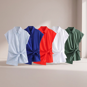 Camisa de Popelina de Manga Corta para Mujer con Lazo Cruzado en la Parte Delantera, Cuello con Botones, Estilo Casual, Primavera Verano, Rayas y Colores Sólidos - Product Image 3