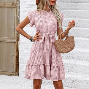 Vestido informal con estampado de lunares para mujer europea americana, Mangas de mariposa, bordes con volantes, cintura ancha con dobladillo de pino para otoño - Product Image 3