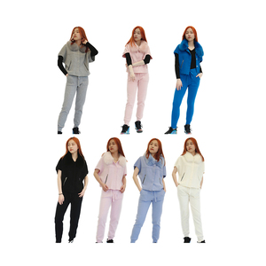 Vente flash : Ensemble de 2 pièces pour femmes, haut à manches courtes en maille avec fourrure, cardigan décontracté en <span class=keywords><strong>laine</strong></span> mélangée, col en fourrure de renard, pull Wanita - Product Image 1