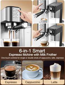 Machine à Café Espresso 6-en-1 avec Mousseur à Lait Automatique Intégré, Pour Espresso, Cappuccino et Latte avec Réservoir d'Eau Amovible - Product Image 4